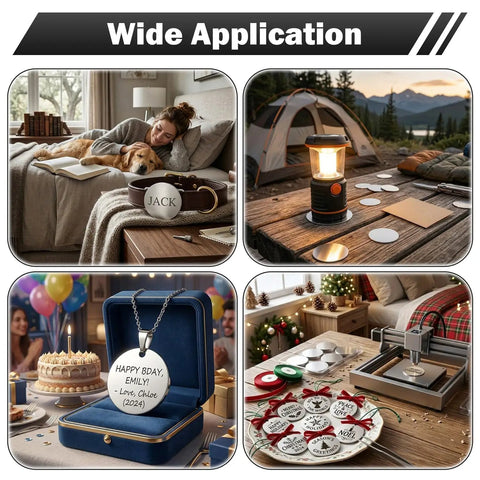 10 Pcs 304 Stainless Steel Discs 30mm Diameter 2mm Thick Flat Round Blank Metal Plates For Crafts DIY Projects Stamping Engraving And Industrial Use Set shown in various applications, including dog tags, lantern stands, necklace, and holiday decor.