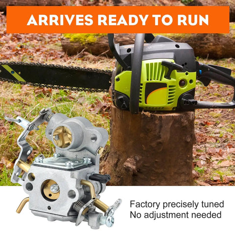 PP4218A Carburetor Kit for Poulan Gas Chainsaws with C1M-W26 W26 Carbs shown next to a chainsaw on a stump