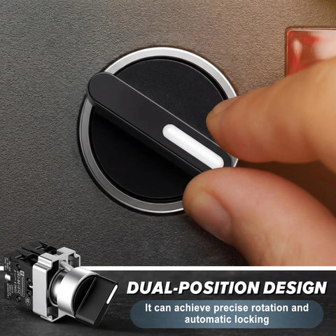 Close-up of a hand adjusting 8 Pack 22mm Rotary Selector Switches SPST Self Locking On Off 2 Position 10A 600V Panel Mount Industrial Control Knobs.