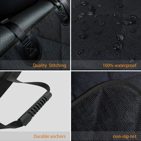 Close-up of Backseat Dog Car Seat Cover Waterproof, Nonslip And Scratch-Proof Protector with stitching, anchors, and waterproof surface.