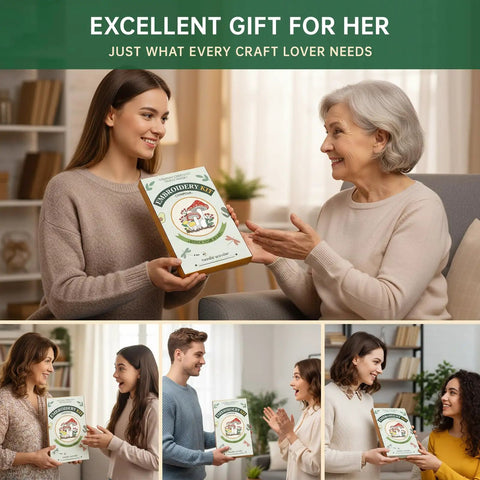 Beginner Embroidery Kit With 4 Learning Stages And 38 Stitches, Step By Step Instructions held by smiling women as a gift