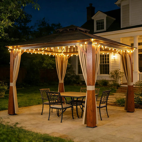 Deck Ready Privacy Curtains For 10 By 12 Foot Replacement Panels Waterproof Windproof With Four Zippered Sidewalls For Patio Canopy Outdoor Garden Backyard Khaki installed on gazebo with lights, night scene