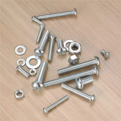 Over 1,000 Piece Metric Flat Head Hex Bolts and Nuts Kit M3 M4 M5 M6 Cross Recessed Fasteners Durable Assortment for DIY Projects, Electronics, Woodworking and Repairs, silver bolts and nuts on wood