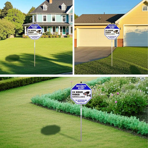 24 Hour Video Surveillance Sign With Stake Keeps Watch Easy To See Day Or Night Aluminum Security Sign With 27 Inch Stake Weatherproof Reflective For Home Yard Office Or Small Business Protection displayed on various lawns.