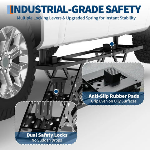 Beefy 7000 Lbs Portable Car Lift for Trucks, SUVs, and Sedans, shown with dual safety locks and anti-slip rubber pads.