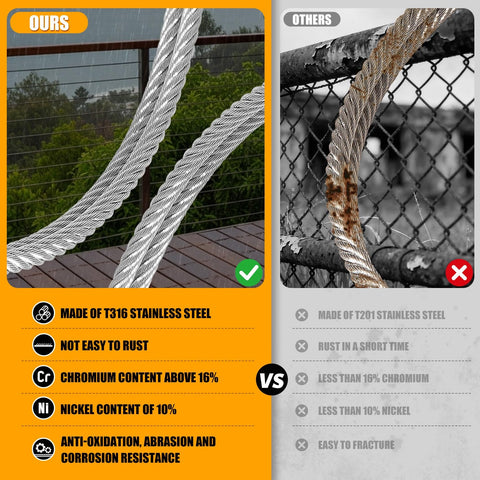 Comparison of Rugged Marine Grade 1/8 Inch Stainless Steel Cable vs rusted cable, highlighting T316 steel benefits for railing.