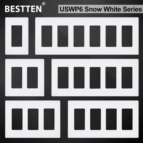 Screwless Decorator Wall Plate 2-Gang Cover, Gloss Snow White, 5 Pack layout showcasing seamless edge design.