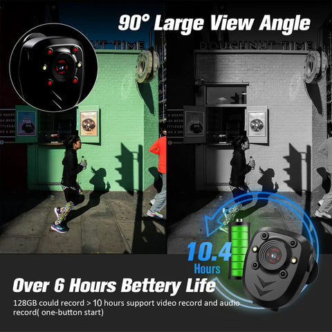 Wearable Body Cam On The Job With 128GB Memory Card Night Vision IR HD 1080P Loop Recording 4 To 6 Hour Battery Life Portable Police Security Camera For Home Outdoor Law Enforcement showing large view angle and battery life