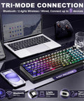 Badass Tri Mode Wireless Mechanical Gaming Keyboard With Comfy Gasket Mod And Hot Swappable Linear Switches showcasing tri-mode connections on desk.