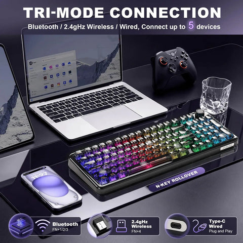 Badass Tri Mode Wireless Mechanical Gaming Keyboard With Comfy Gasket Mod And Hot Swappable Linear Switches showcasing tri-mode connections on desk.