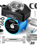Instant Hot Water Recirculating Pump Kit For Tank Water Heaters With 304 Stainless Bypass Valve And 20 Inch PEX Supply Lines No Return Line Required Easy Plug And Play Install showing clock, connectors, and fittings.