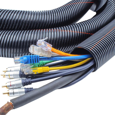 Pro Grade UV Resistant Nylon Wire Loom Non Slit Flexible Conduit Fits Like A Glove 10 Foot Heavy Duty Cable Sleeve organizing various cables.