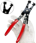 Three Piece Hose Clamp Pliers Kit with Long Reach Wire Spring Clamp Remover, red handles, flat band clamps for automotive use.