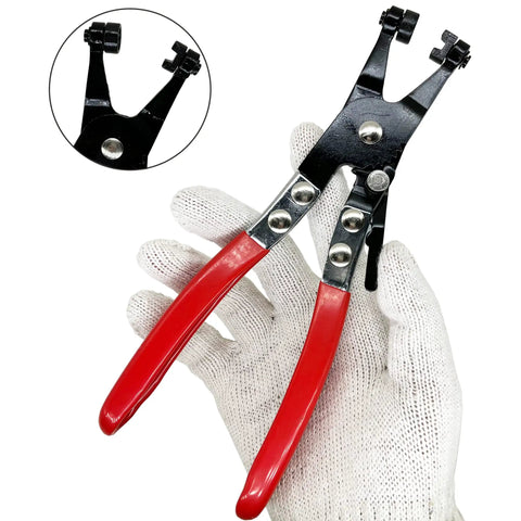Three Piece Hose Clamp Pliers Kit with Long Reach Wire Spring Clamp Remover, red handles, flat band clamps for automotive use.