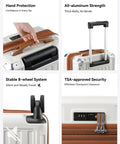 Expandable Carry On Luggage 22x14x9 Inches with Spinner Wheels, showcasing handle, TSA lock, wheels, and aluminum frame features.