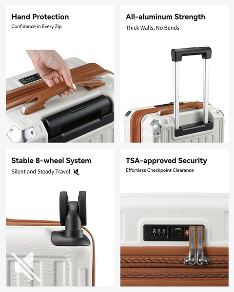 Expandable Carry On Luggage 22x14x9 Inches with Spinner Wheels, showcasing handle, TSA lock, wheels, and aluminum frame features.