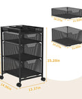 Rolling Makeup Cart Organizer With Three Drawers For Cosmetics And Skincare, Black metal frame, mesh drawers, dimensions shown