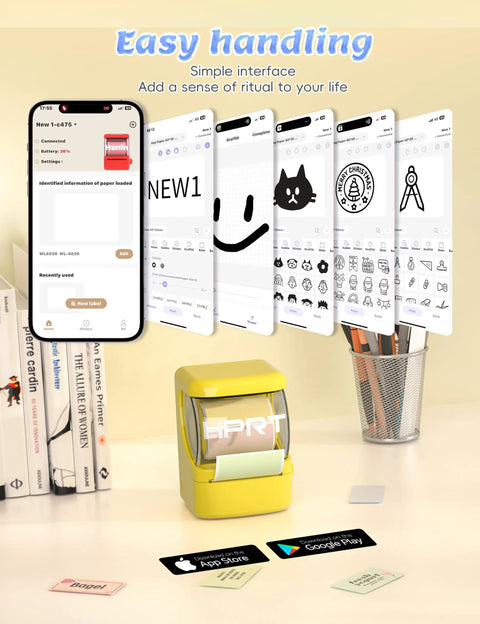 Hassle Free Bluetooth Label Maker With Straightforward Phone Sync And One Included Thermal Tape Roll Sweet For Quick Diy Crafting And Super Clean Home Tagging In Bright Yellow on a desk with smartphone displaying app.