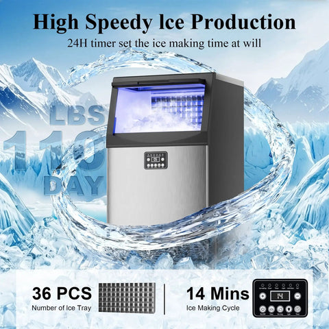 Built Tough Stainless Steel Ice Maker Cranks 110 Pounds Daily And Slaps 36 Clear Cubes Every 14 Minutes With Self Cleaning System And Built In Water Filter For Zero Hassle Home Or Cafe Runs.