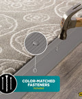 Pewter Aluminum Carpet Trim 2 In By 36 In With Screw Nails, Strong Transition Strip For Doorways And Uneven Floors, Durable Aluminum That Is Built For High Traffic, Pre Drilled Holes For Quick Easy Install shown with hammer and carpet application