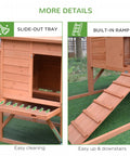 Slide-out tray and built-in ramp of 96.5-Inch Wooden Chicken Coop With Portable Wheels, Hen House And Nesting Box, Outdoor Pen