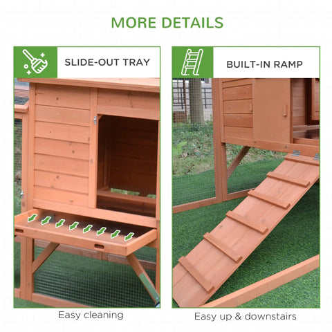 Slide-out tray and built-in ramp of 96.5-Inch Wooden Chicken Coop With Portable Wheels, Hen House And Nesting Box, Outdoor Pen