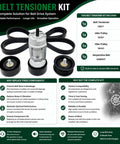 Beefy Serpentine Belt Tensioner Kit With Belt And Idler Pulley For Hyundai Sonata Tucson Santa Fe Sport Kia Optima Sportage Sorento 2.0L 2.4L Replacement 2011 To 2015, including tensioner, belt, and pulleys shown in detail.