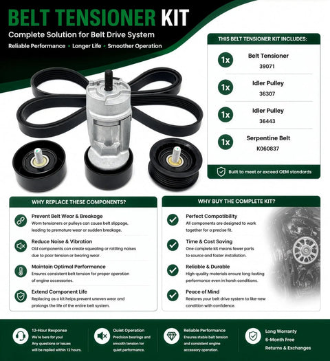 Beefy Serpentine Belt Tensioner Kit With Belt And Idler Pulley For Hyundai Sonata Tucson Santa Fe Sport Kia Optima Sportage Sorento 2.0L 2.4L Replacement 2011 To 2015, including tensioner, belt, and pulleys shown in detail.