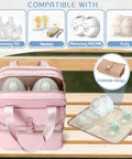 Premium Breast Pump Bag Featuring An Insulated Cooler Compartment For Wearable Pumping Backpack Storage with pink exterior.