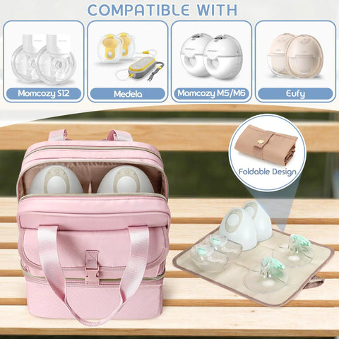 Premium Breast Pump Bag Featuring An Insulated Cooler Compartment For Wearable Pumping Backpack Storage with pink exterior.