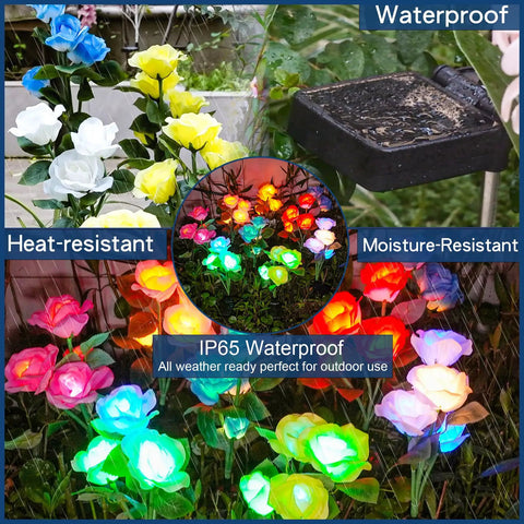Solar Rose Garden Lights For Outdoor Decor Upgraded Lit 7 Color Changing Rose Lights with enlarged solar panel, in garden setup