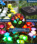 Solar Rose Garden Lights 4 Pack With Upgraded Large Solar Panel 7 Color Changing Roses shown with waterproof feature.