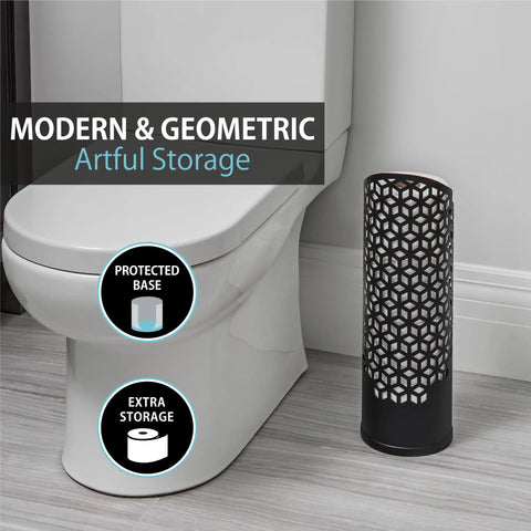 Hexacube Toilet Tissue Reserve Freestanding Metal Holder For 4 Jumbo Rolls No Assembly Matte Black Durable Steel Construction in bathroom