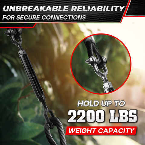 Heavy Duty Jaw And Jaw Turnbuckle Set 2 Pack Half Inch By 13.4 Inch For Wire Rope Tension 2200 Lbs, shown in use outdoors.