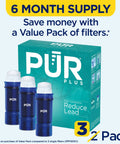 Three blue PUR Plus water filter cartridges for pitchers and dispensers; 6-month supply.