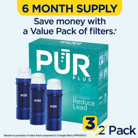 Three blue PUR Plus water filter cartridges for pitchers and dispensers; 6-month supply.
