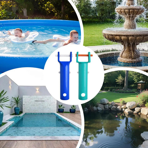 2 Pack Pool Vacuum Head Replacement Kit with blue and green handles shown with swimming pool and garden fountain