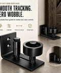 Rugged Barn Door Floor Guide With Fully Adjustable Sliding Track And Wall Mount Stabilizer For Slick Gliding Doors, black steel design, stable for indoor use.