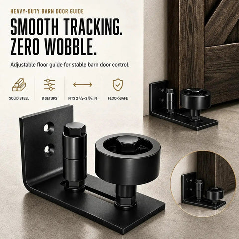 Rugged Barn Door Floor Guide With Fully Adjustable Sliding Track And Wall Mount Stabilizer For Slick Gliding Doors, black steel design, stable for indoor use.