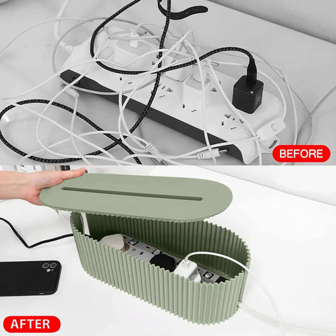 Huge Desk Cable Management Box For Home Office, Hide Power Strips And Surge Protectors, Heavy Duty White Cord Organizer Before After
