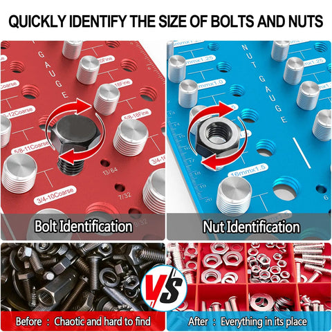 Nut And Bolt Thread Checker Kit With Magnetic Base Pro Grade, 28 Standard And 28 Metric Gauges, red and blue plates showing bolt and nut identification, with storage comparison before and after use.