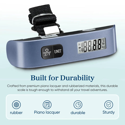 Digital Luggage Scale for Travel Essentials, Hanging Baggage Scale With Temperature Sensor, 110 Pound Capacity, Battery Included, Compact Lightweight Blue, Easy To Read Display, No Surprises At Check In, durable construction in piano lacquer finish.