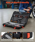314 Piece Mechanic Tool Set Built Like A Tank With 1/4 3/8 And 1/2 Inch Drive Metric Sockets Ratcheting Wrenches Screwdriver Bits Hella Tough High Grade Chrome Vanadium Storage Box open with tools organized.
