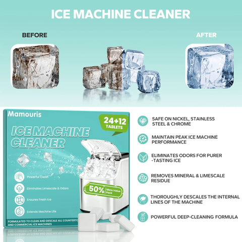 Ice Maker Cleaner Tablets 36 Pack Nugget Ice Machine Descaler For Countertop Kills Hard Water Build Up Nickel Safe And Stainless Steel Friendly Works With All Major Brands Bulk 18 Month Supply box with ice cubes before and after cleaning