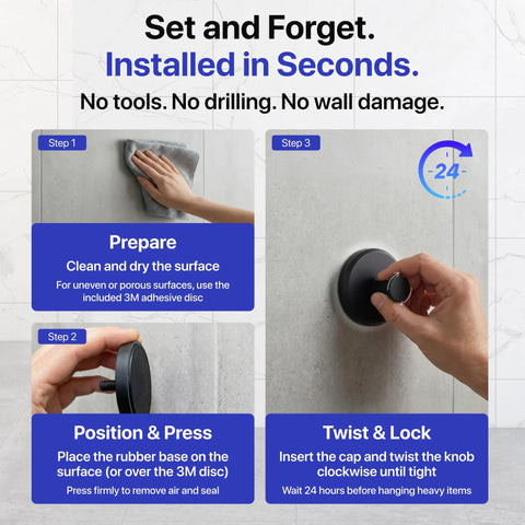 Rugged And Ready Suction Towel Hooks For Bathroom Shower Glass Walls Two Pack Black No Drill Twist Lock Non Slip Design Holds Rock Solid Easy Peasy Install For Bath Robes And Small Space Storage