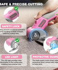 Shall 4V Cordless Electric Scissors With Safety Lock And Led Light in use, featuring safety lock and LED light on fabric background.