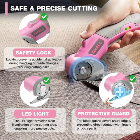 Shall 4V Cordless Electric Scissors With Safety Lock And Led Light in use, featuring safety lock and LED light on fabric background.