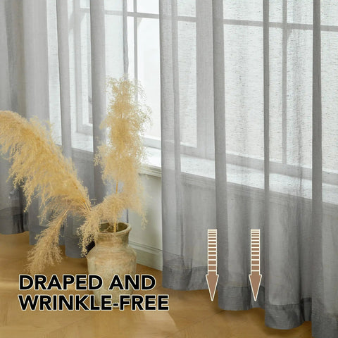 Linen-Feel Sheer Curtains 2 Panels With Grommet Top in dark grey, light filtering, 52x84 inches, elegantly draped by windows