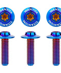 High Performance Grade Five Titanium Torx Bolts And Dished Head Screws In Bold Burnt Blue Finish M5 And M6 Sizes With M6 By 20 Millimeter Spec For Street Legal Builds visible from the front and side.