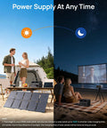 Image of a day-night scene with a 600W Solar Generator With 100W Panel 576Wh LiFePO4 Battery for camping and off-grid living